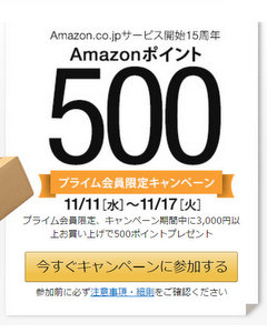 Amazonで3000円の買い物をすると500円分のAmazonポイントが貰えるキャンペーン